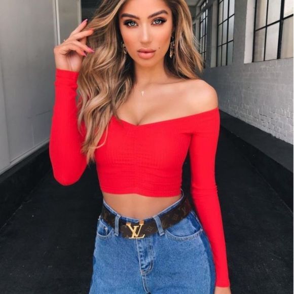 Ribbed Off Shoulder Long Sleeve Crop Top - Red - Picture 2 of 4